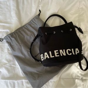 BALENCIAGA XS Nylon Wheel Logo Bucket Bag Black